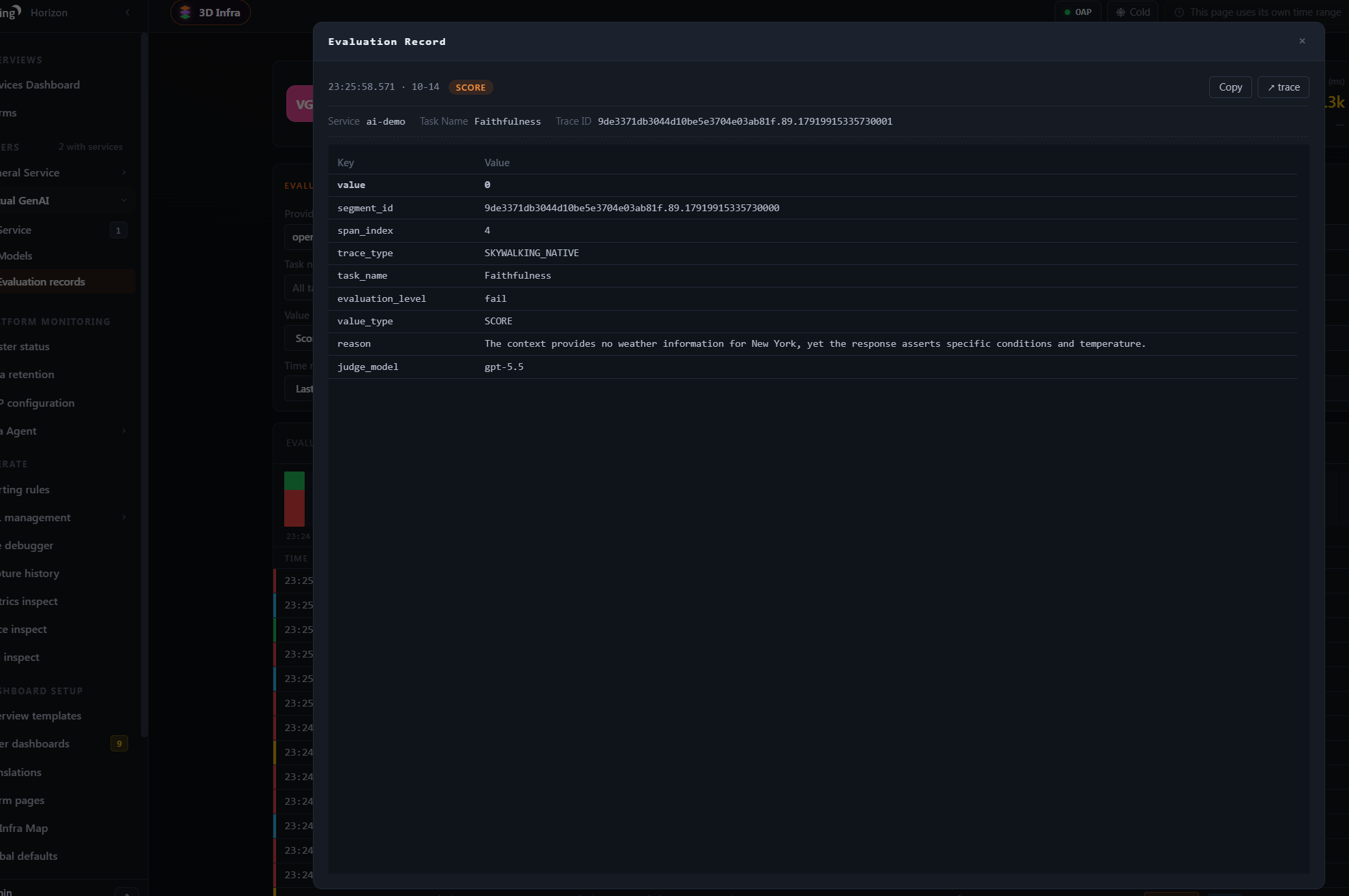 Evaluation record details with the trace link in the upper-right corner