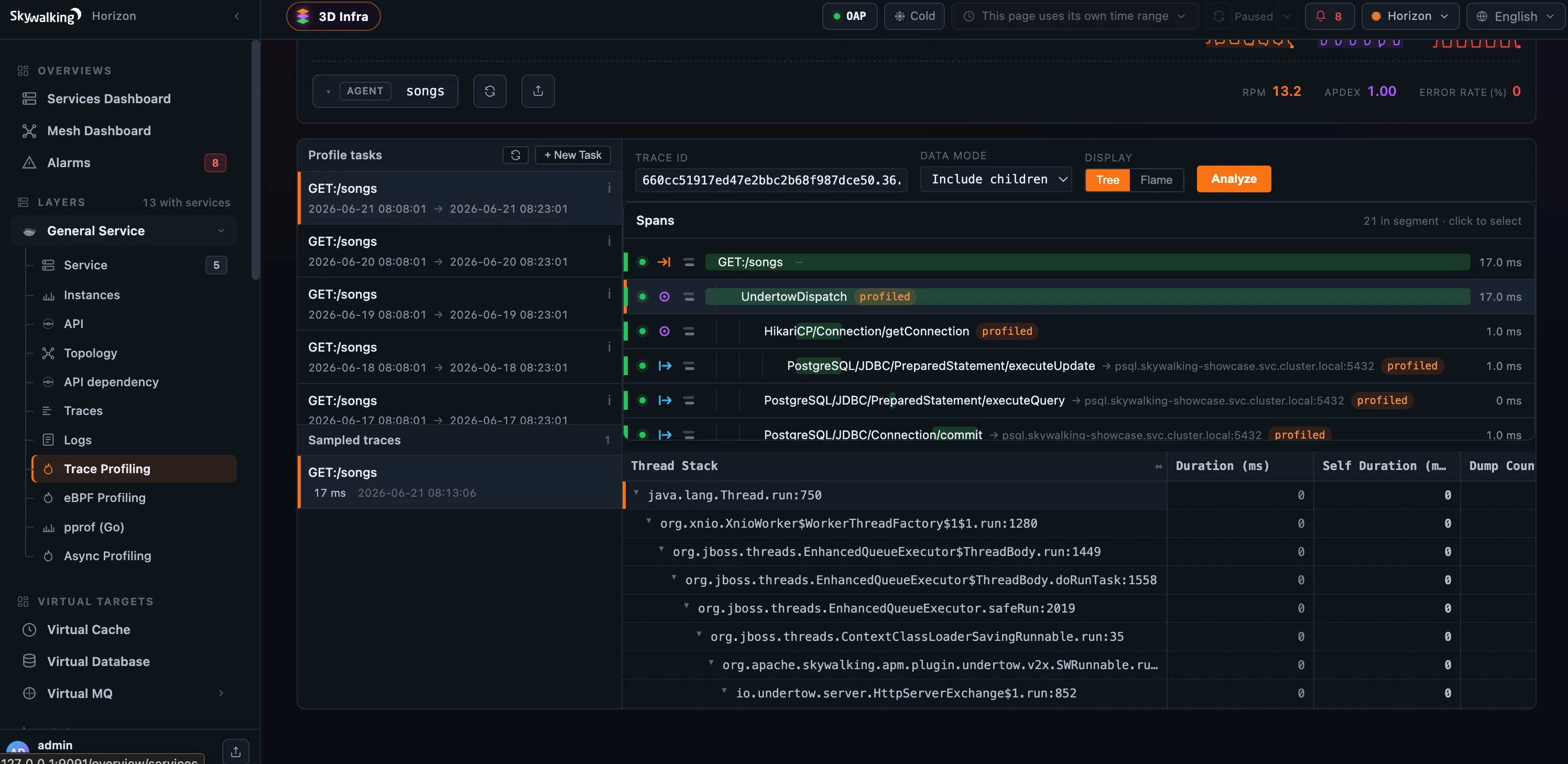 Figure 2: Expand a layer and it fans out into its full workflow — here General Service shows Service, Instances, API, Topology, API dependency, Traces, Logs and four profiling engines, with the selected service&rsquo;s dashboard filling the canvas.