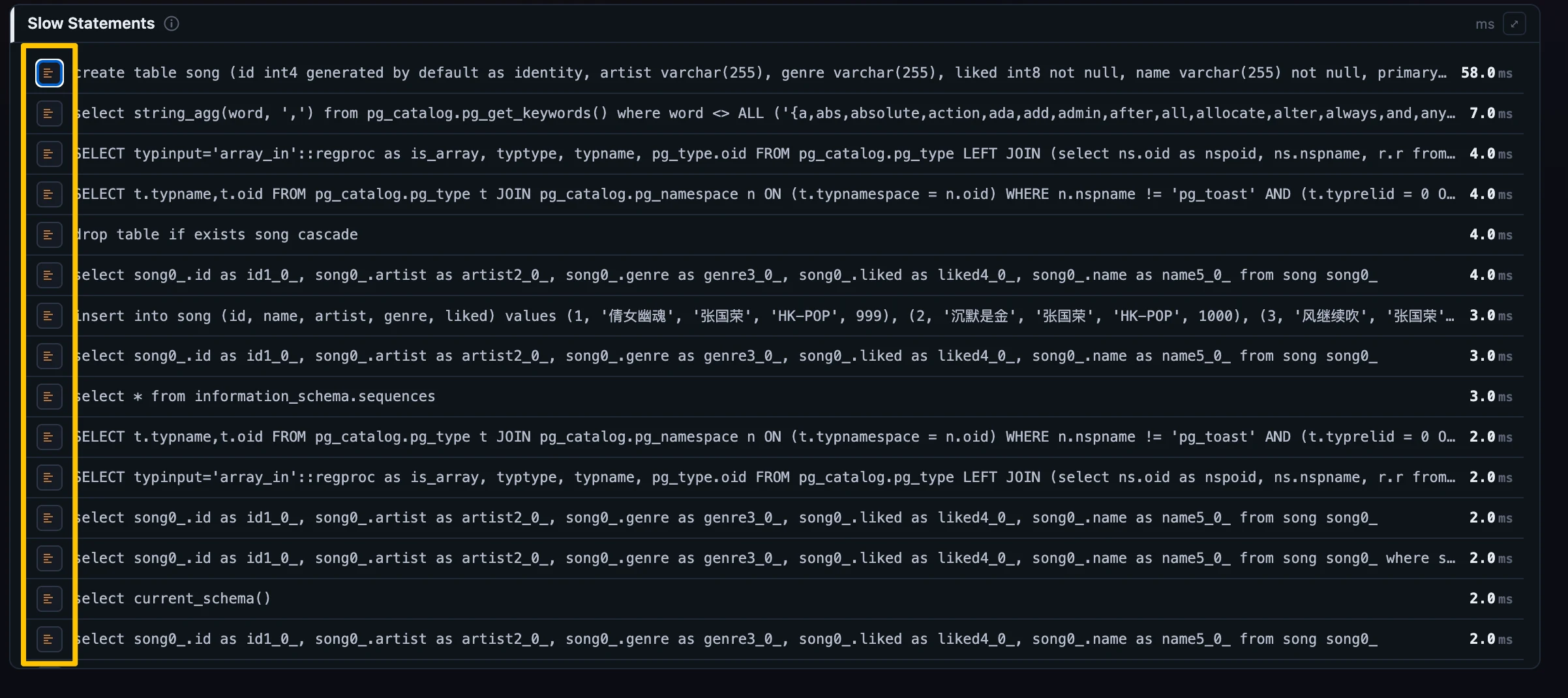 Figure 6: A Slow Statements record widget — each sampled row with a jump-to-trace icon (where the sample has a trace id), the statement text click-to-copy, one row showing the &ldquo;copied&rdquo; flash.