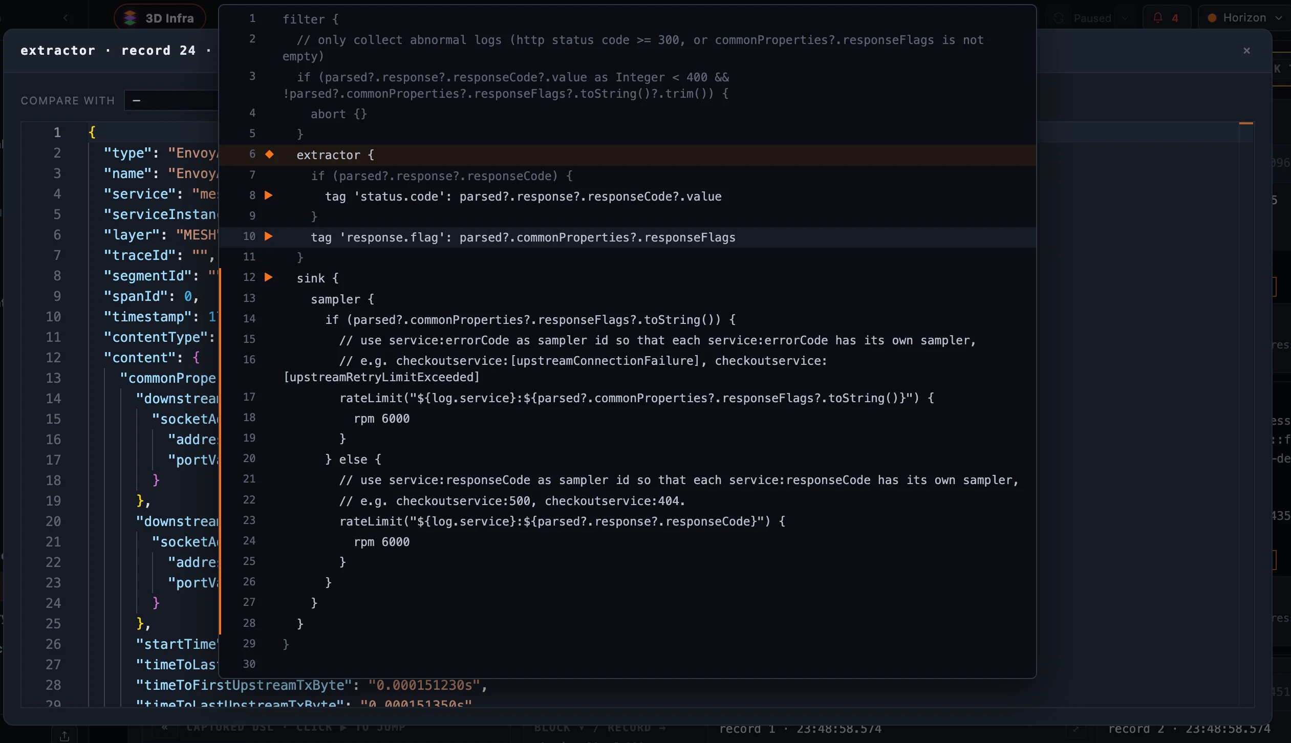 图 7：弹窗以原始 JSON 展示某条记录的完整内容（一条 Envoy access log），并带有“与谁对比”的选择器，旁边还能看到完整的 DSL。